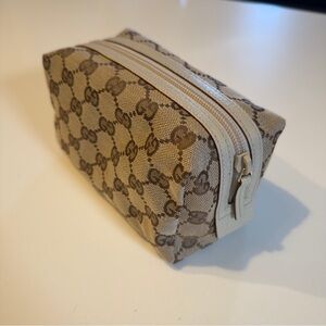 Gucci Monogram Beige Brown Canvas Makeup Pouch Cream Trim